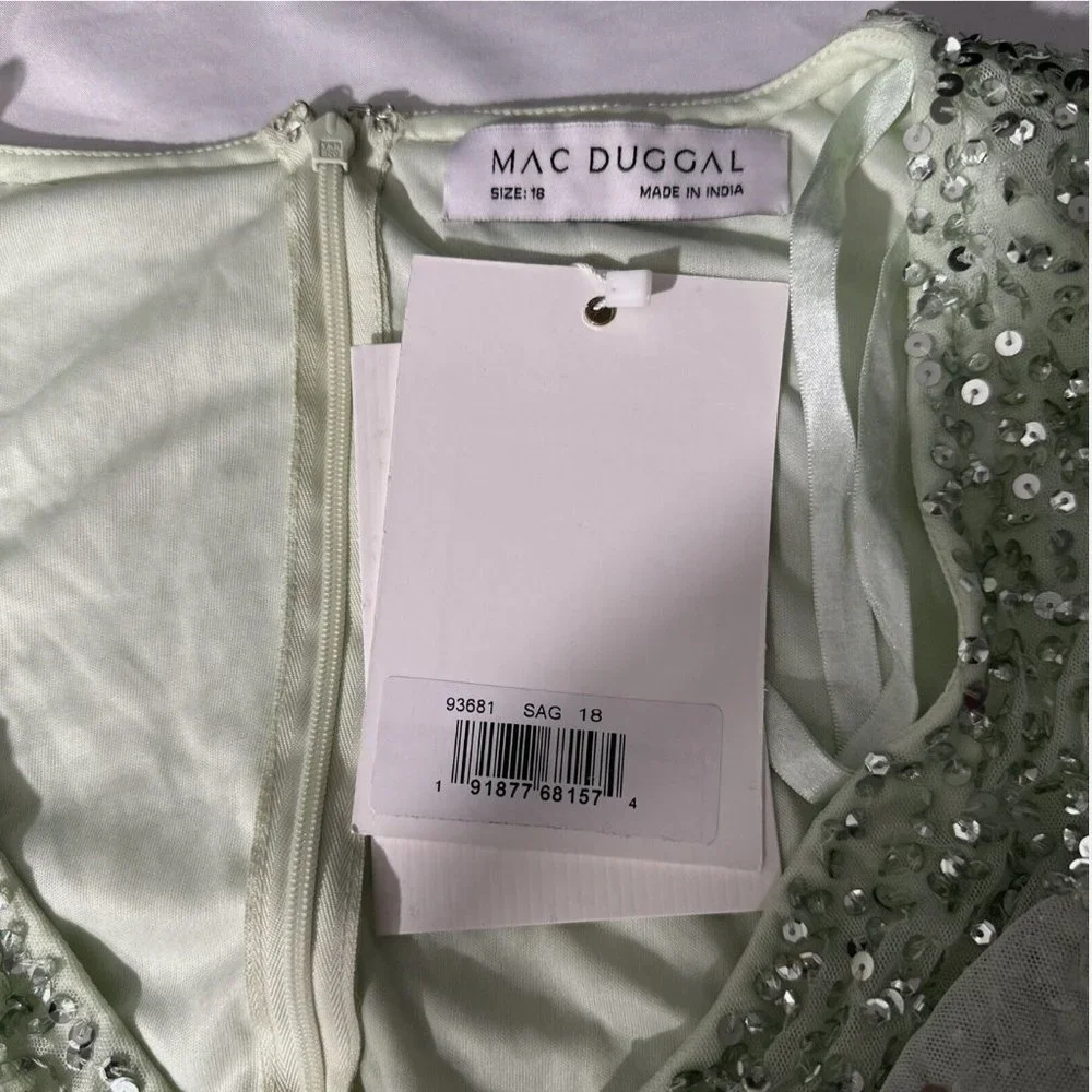 NWT $498 Mac Duggal [‎ 18 ] Sequined Butterfly Sleeve High Low Gown Sage Greeen